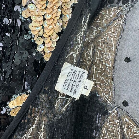 Lillie Rubin Women’s Black Cream All Over Sequin Leaf Illusion Neck Mini Dress - Picture 4 of 16